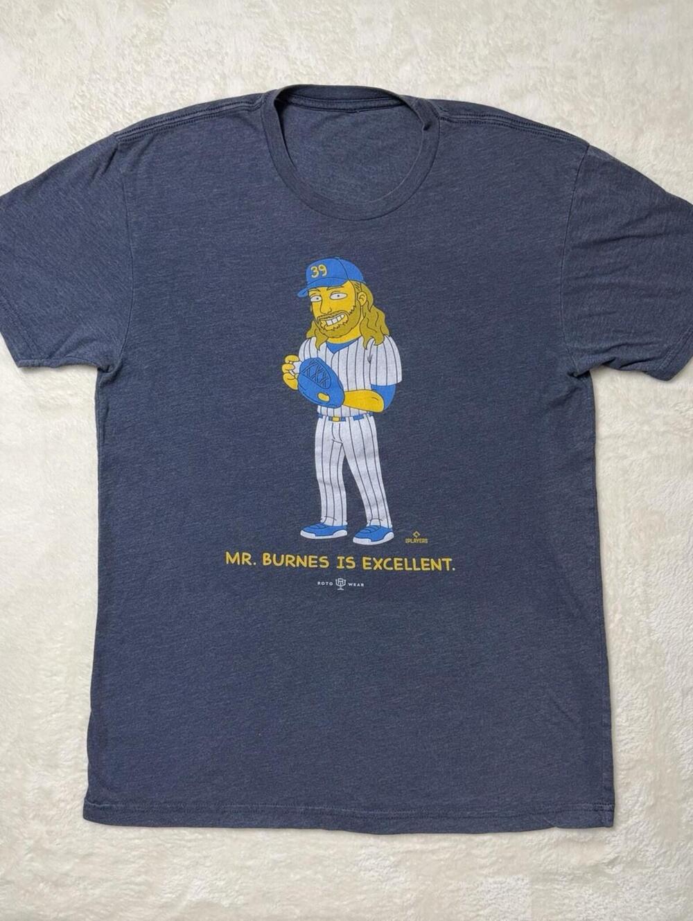 RotoWear Mr. Burnes Is Excellent T-Shirt Men’s Blue Graphic Baseball Tee Small